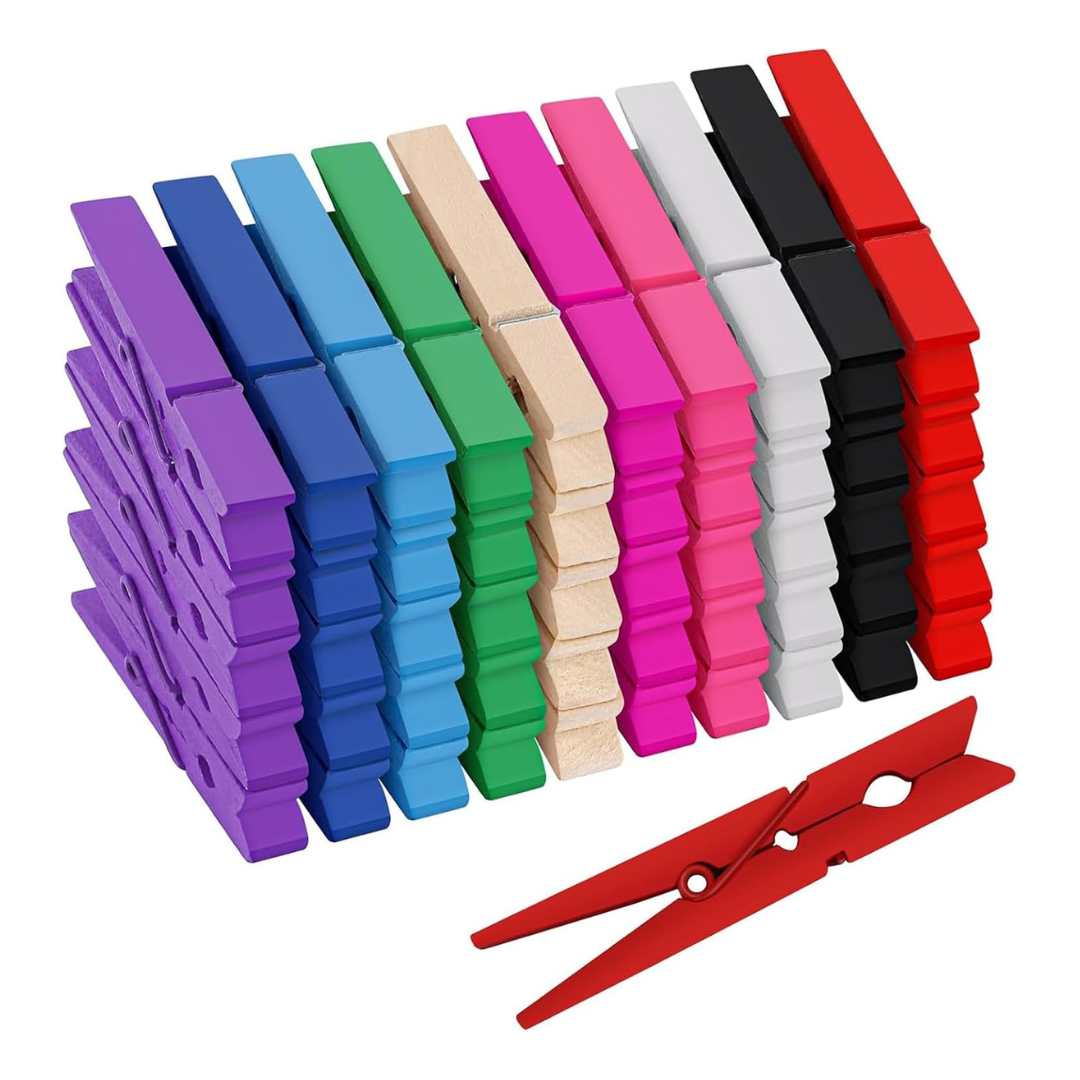 50-Piece 2.9" Colored Clothes Wooden Clips