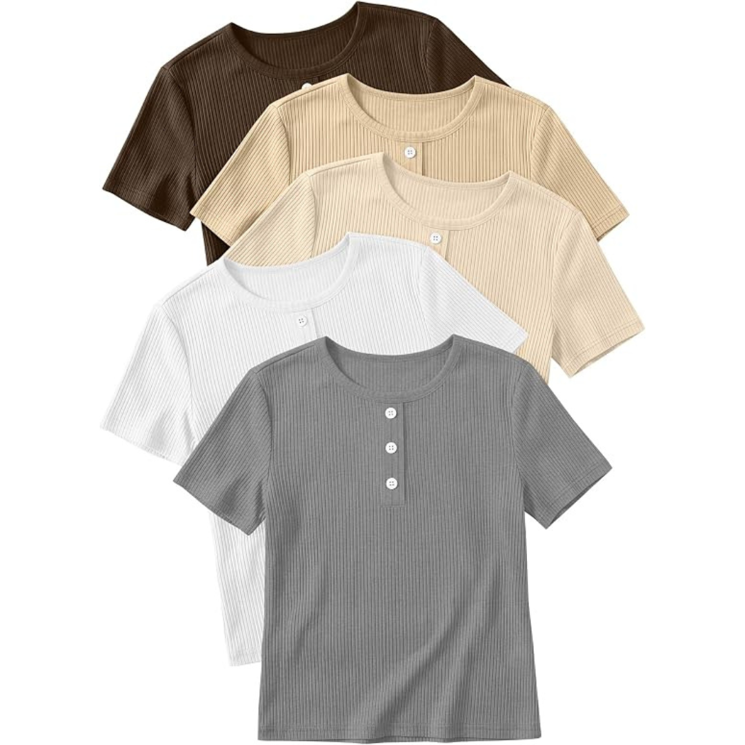 5-Pack Girl's Cotton Ribbed Henley T-Shirts