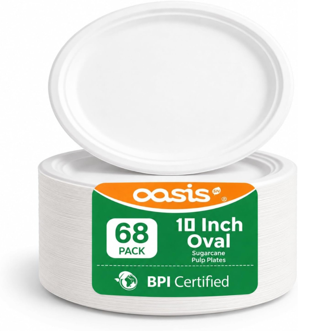 68-Pack 10" Compostable Elegant Disposable Oval Paper Plates