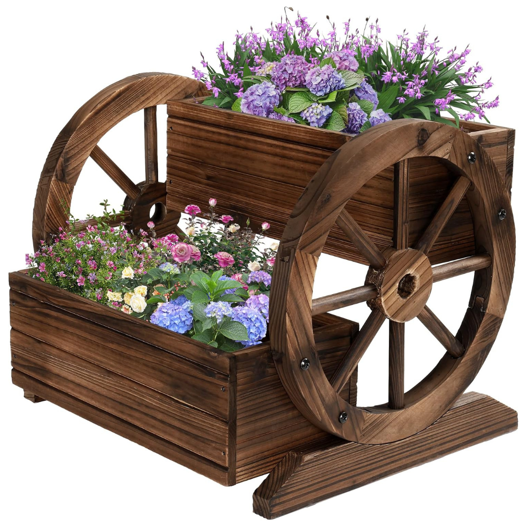 Wooden Wagon Planter Box with Wheels