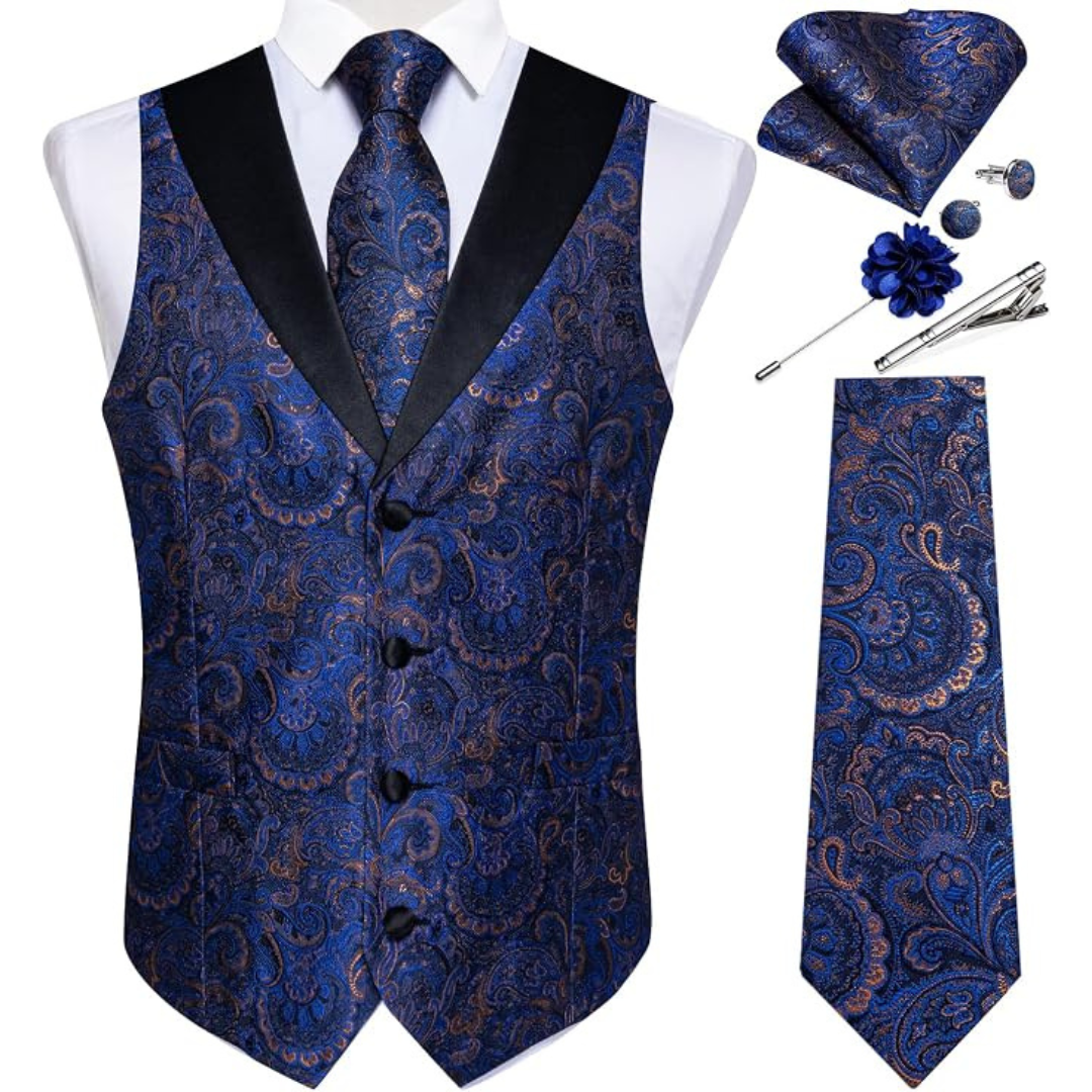Men's 7-Piece Paisley Suit Vest Silk Jacquard Waistcoat and Necktie Set (Various)