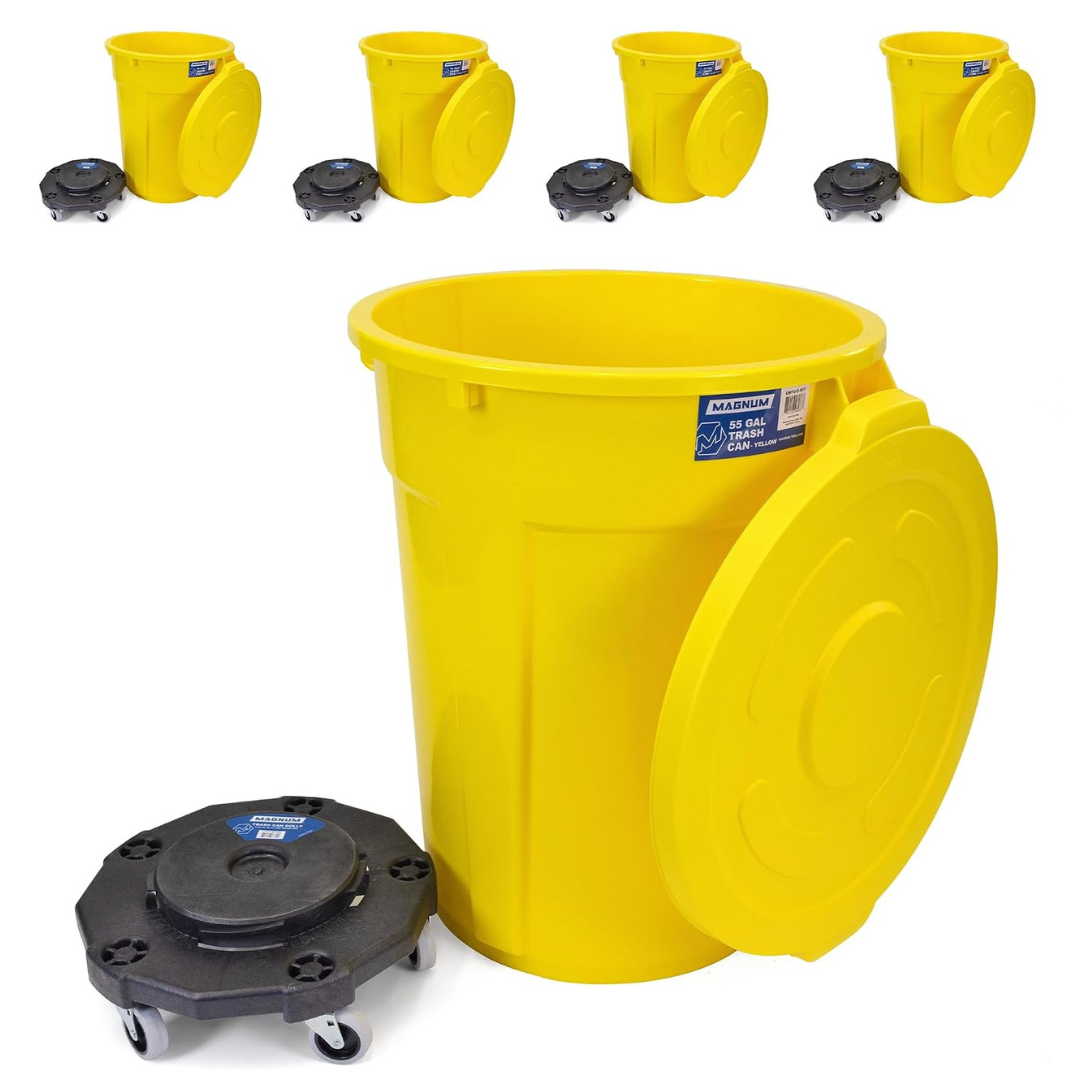 5 Set Magnum Yellow 55 Gallon Trash Can