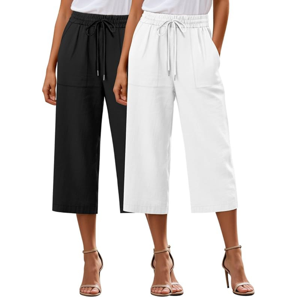 2-Pack Women's Wide Leg Linen Blend Capri Pants