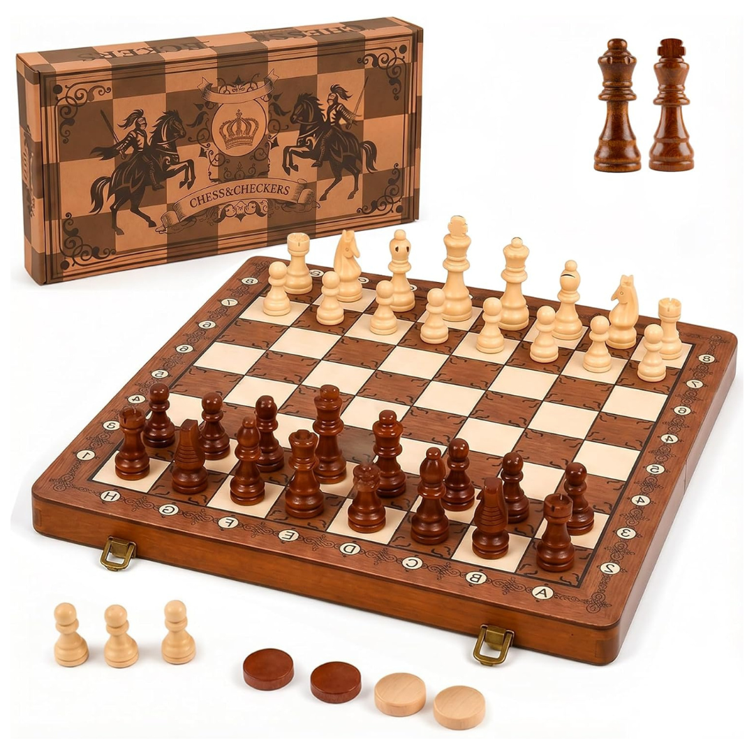 Tobaisaa Magnetic Wooden Chess & Checkers Set