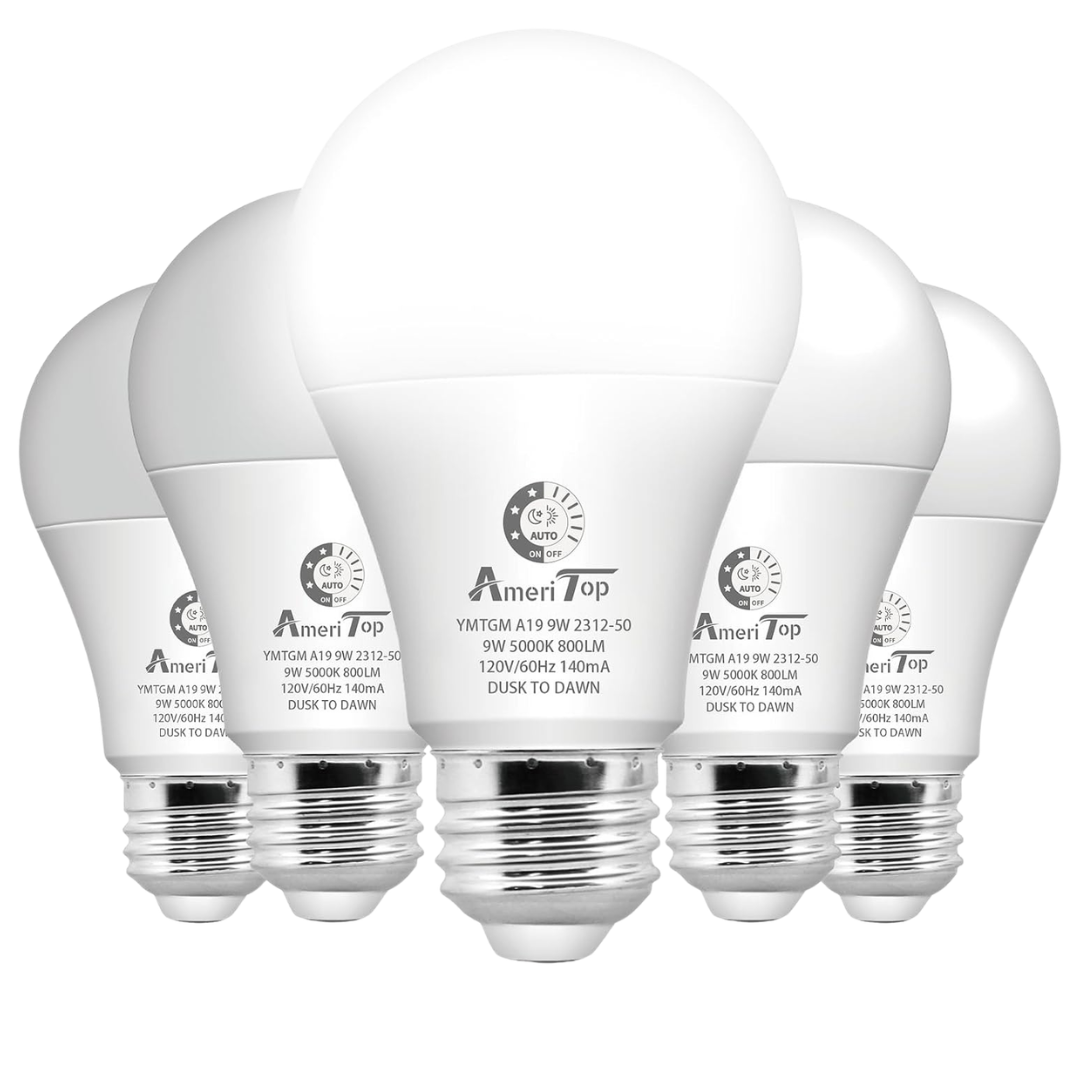 5-Pack 5000K Daylight Dusk To Dawn A19 LED Sensor Light Bulbs