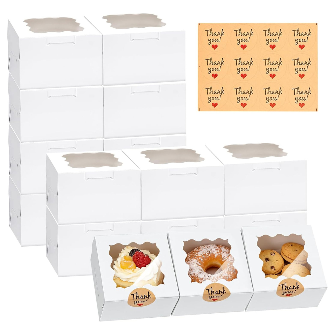 32-Pack 6'' X 6'' X 3'' White Bakery Treat Cookie Boxes W/ Window & Stickers