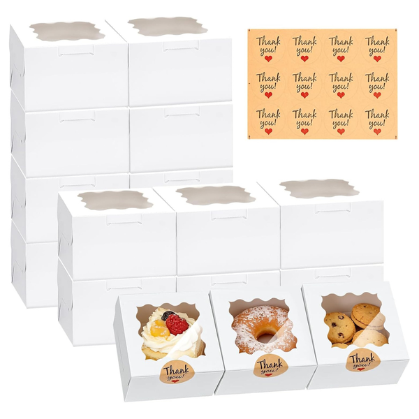 32-Pack 6'' X 6'' X 3'' White Bakery Treat Cookie Boxes W/ Window & Stickers