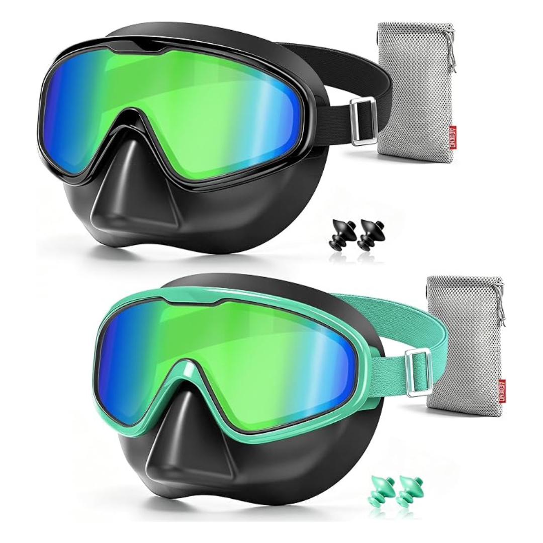 2-Pack Fabric Strap Swim Goggles W/ Nose Cover & Case (3 Colors)