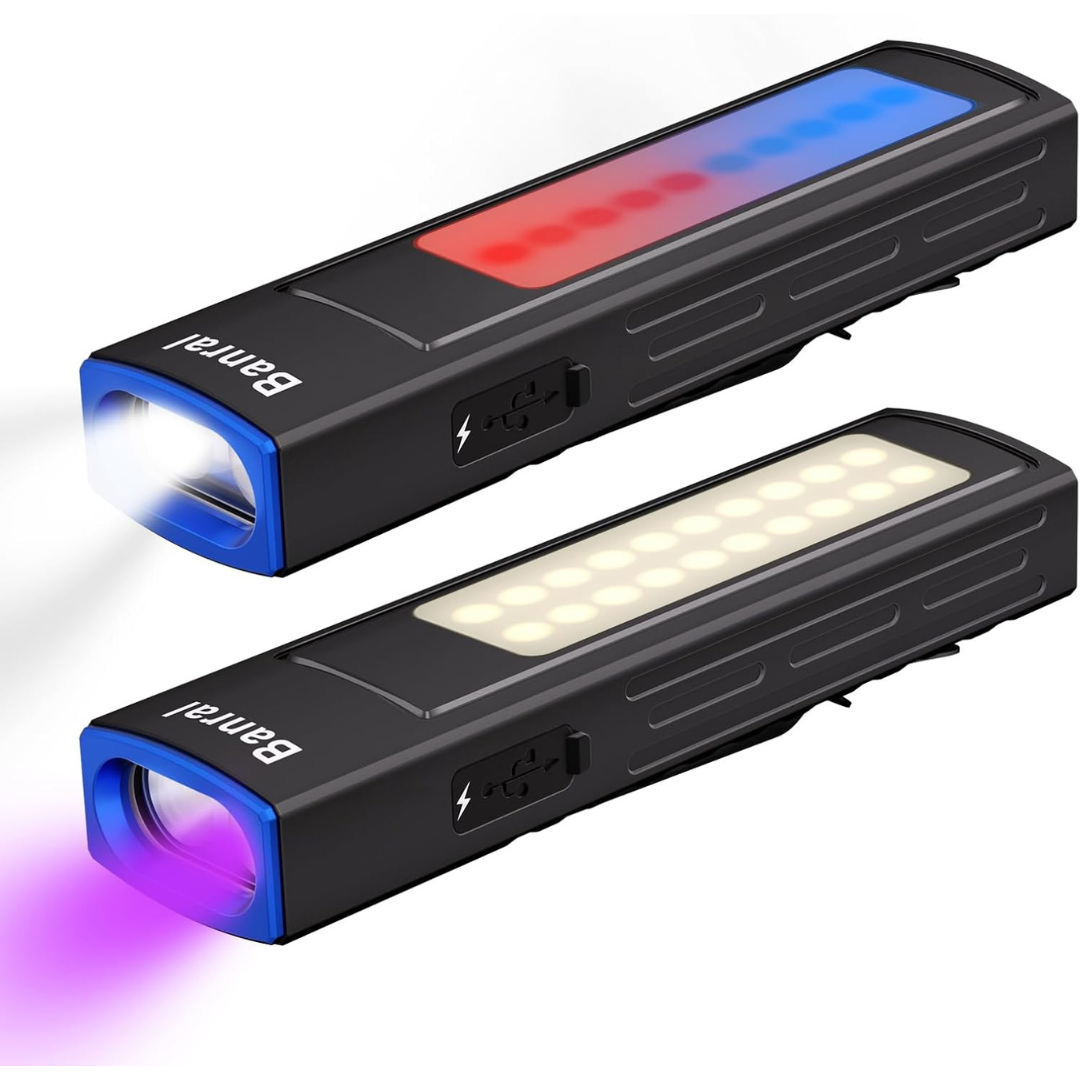 2-Pack Banral 1200lm Rechargeable EDC Flashlight W/ 395nm UV & COB Light