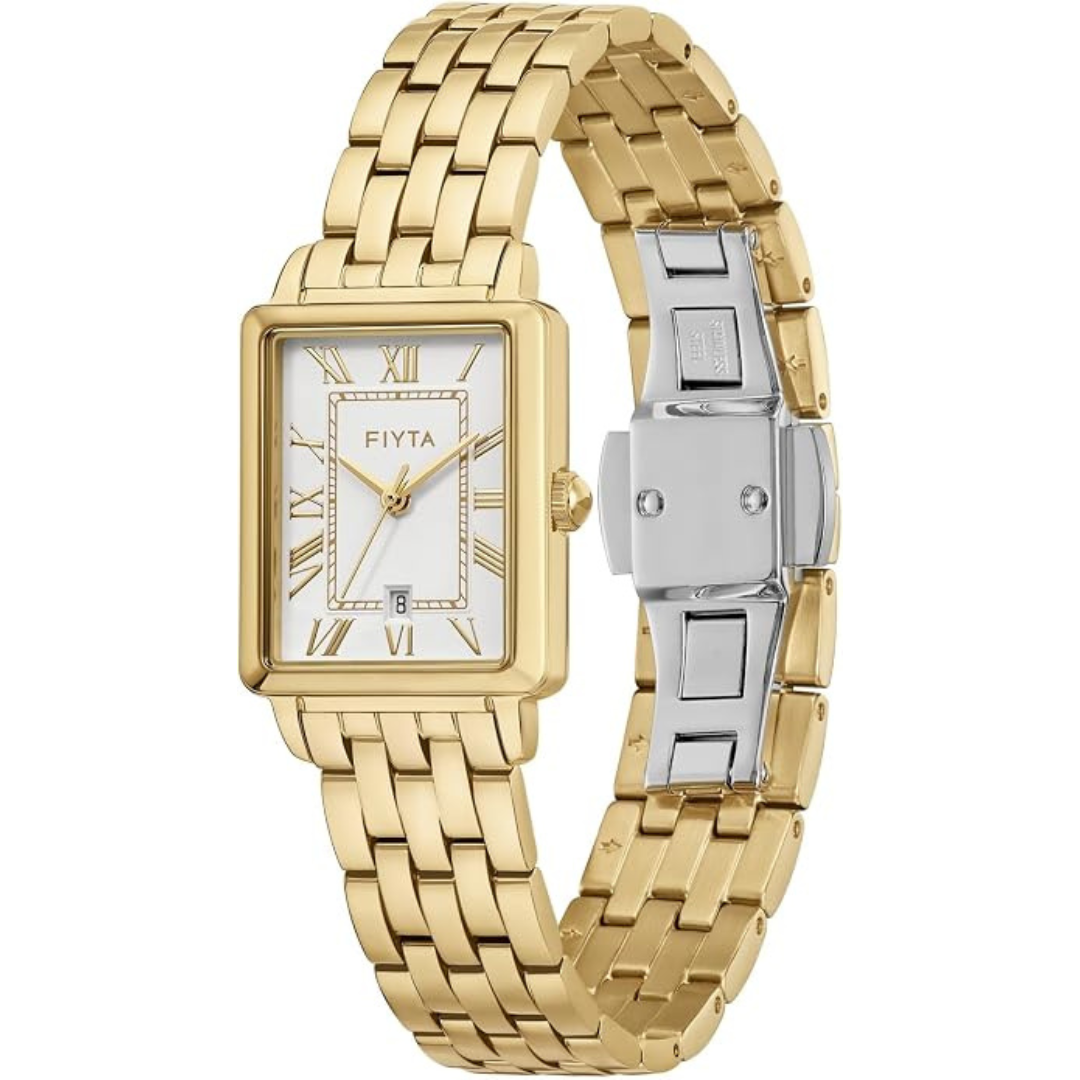 FIYTA Womens 3-H Date Petite Rectangle Stainless Steel Quartz Watch