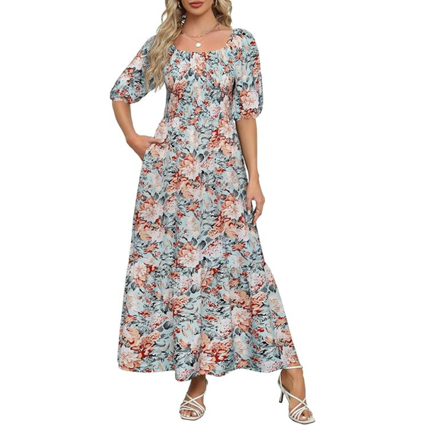 Women's Puff Sleeve Square Neck Ruffle Maxi Dresses W/ Pockets (Various)