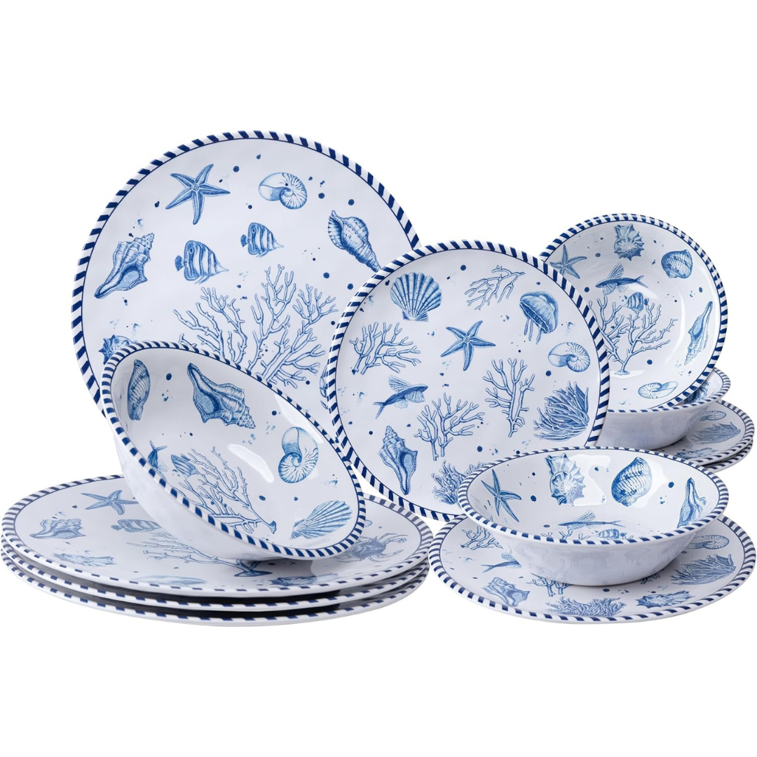 12-Piece Coastal Melamine Dinnerware Set