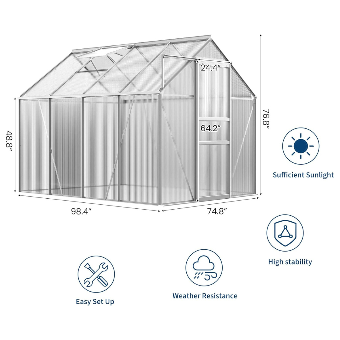6ft x 8ft Walk-in Polycarbonate Greenhouse with Sliding Door