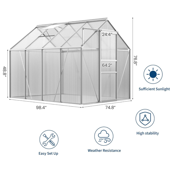 6ft x 8ft Walk-in Polycarbonate Greenhouse with Sliding Door