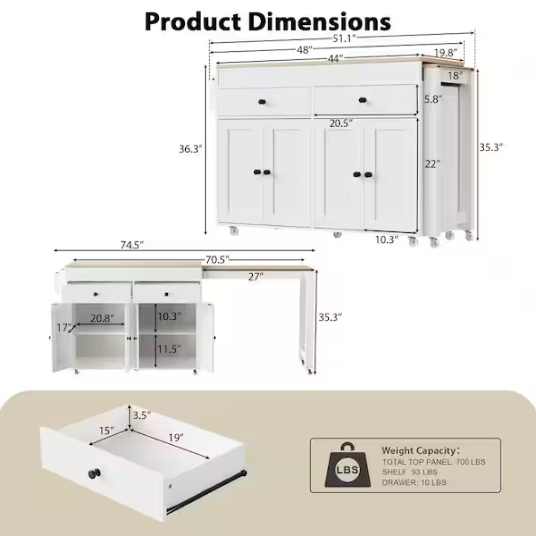 Harper & Bright Wood 74.5" Kitchen Island with Extendable Dining Table