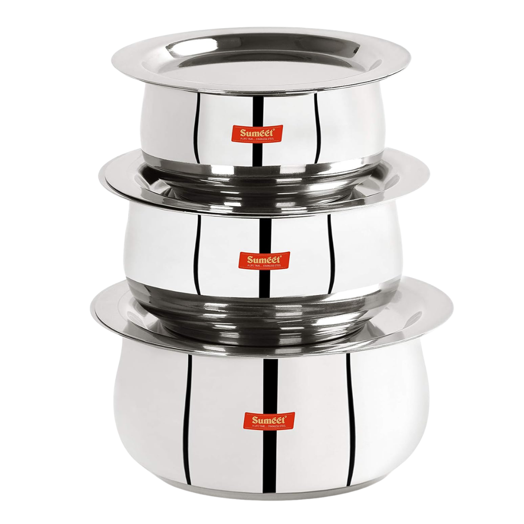 3-Piece Sumeet Stainless Steel Belly Shape Tope/Cookware/Pot Set