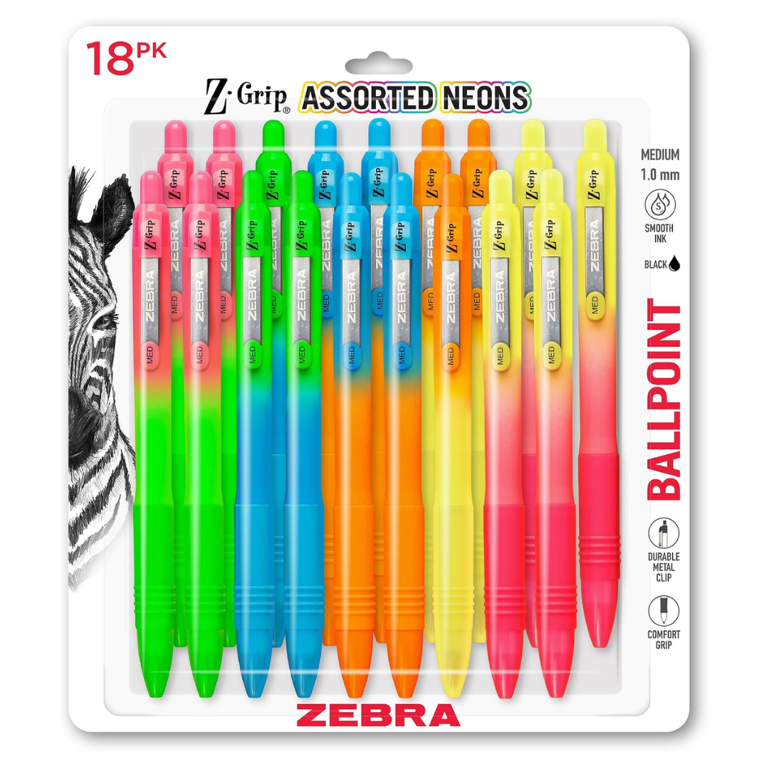 18-Pack Zebra Pen 1.0mm Z-Grip Ombre Neon Retractable Ballpoint Pens