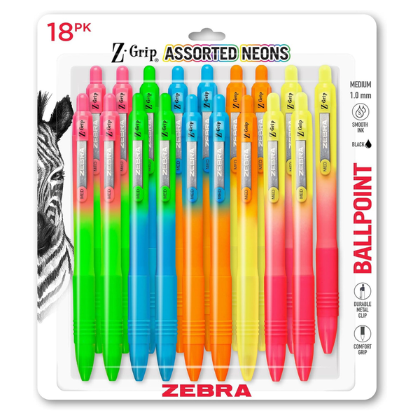18-Pack Zebra Pen 1.0mm Z-Grip Ombre Neon Retractable Ballpoint Pens