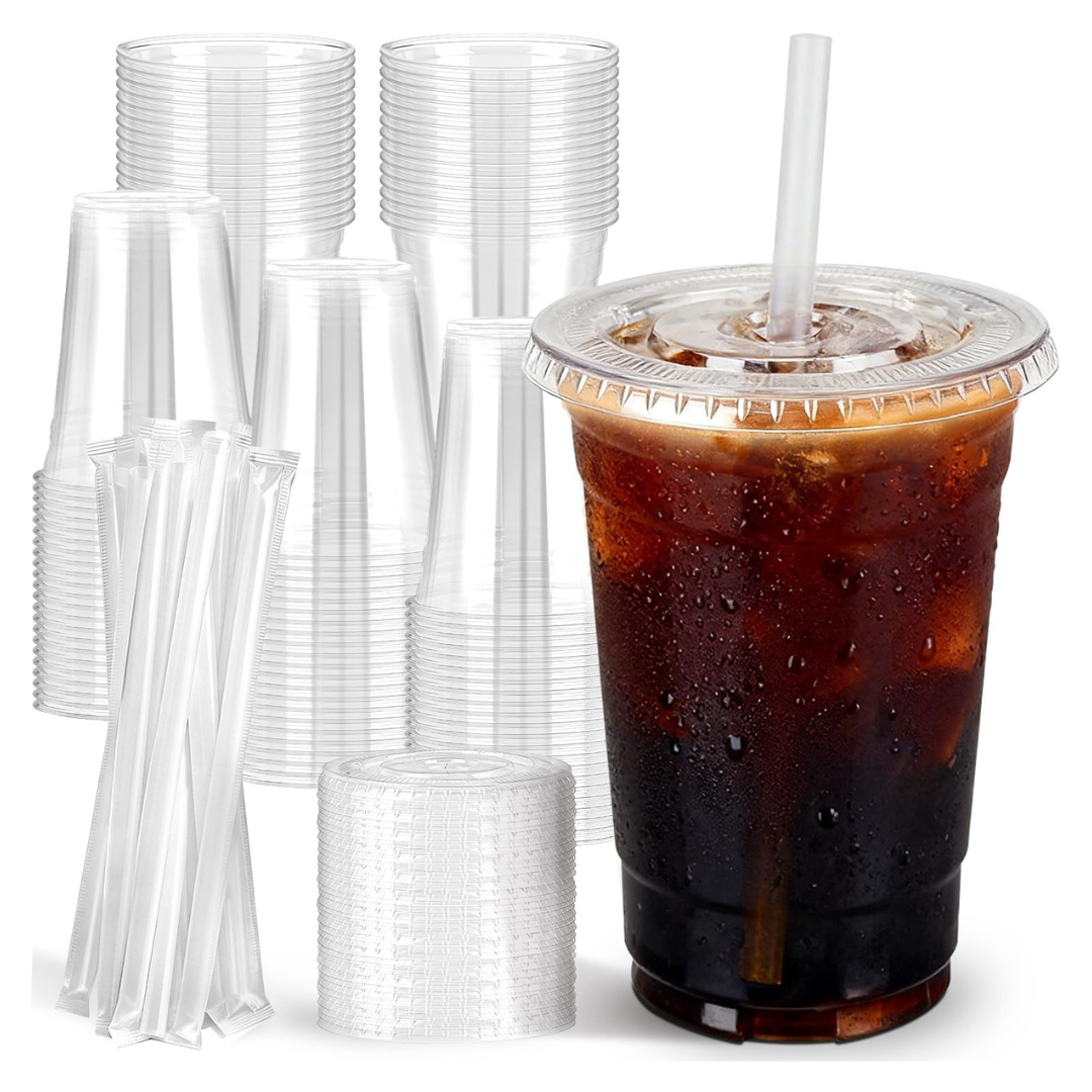 100-Pack 16oz Lideropa Clear Plastic Cups With Lids & Straws