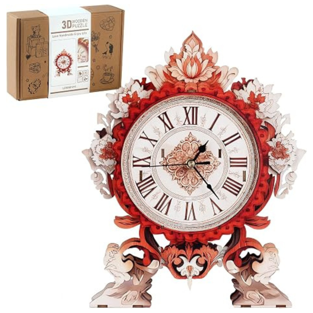 25-Piece 11.8" 3D Wooden Flame Flower Working Clock Puzzle Kit
