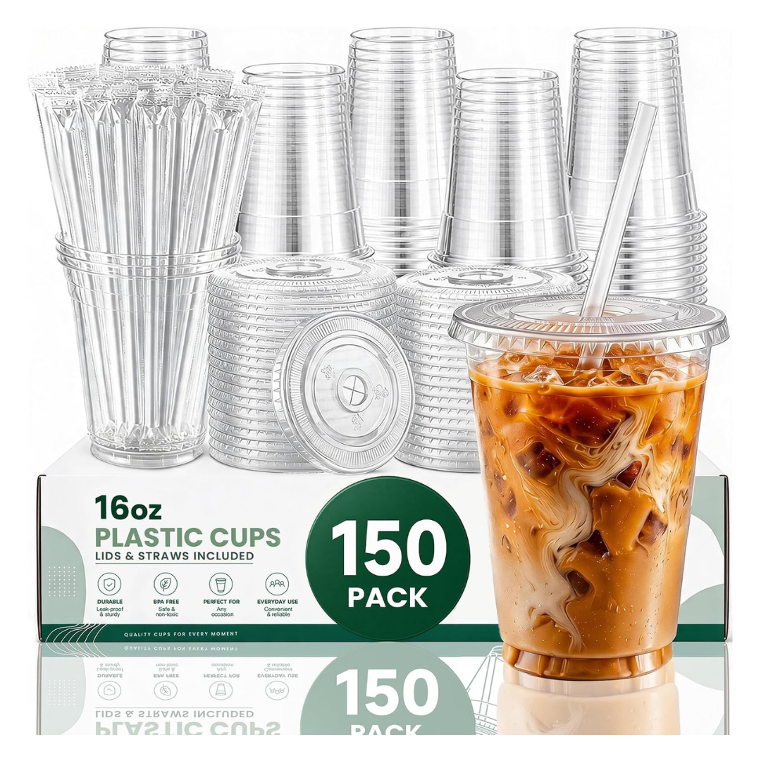 150-Piece 16oz Plastic Cups With Lids & Straws