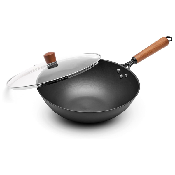 Vividcookware 12.6'' Flat Bottom Carbon Steel Wok With Glass Lid
