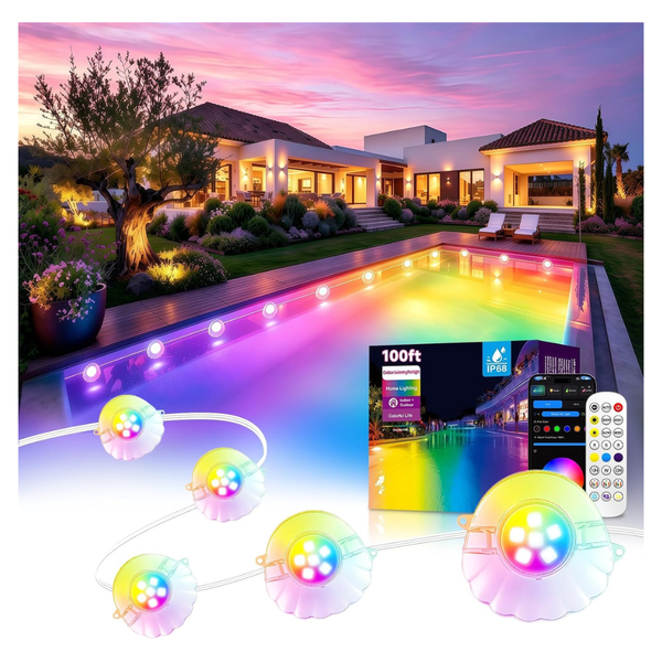 Ahawill 100ft IP68 Waterproof LED String RGB Pool Lights W/Remote & App Control