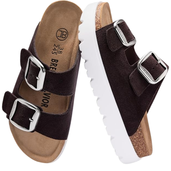 Women's Platform Leather Sandals Summer Slides W/ Adjustable Buckle