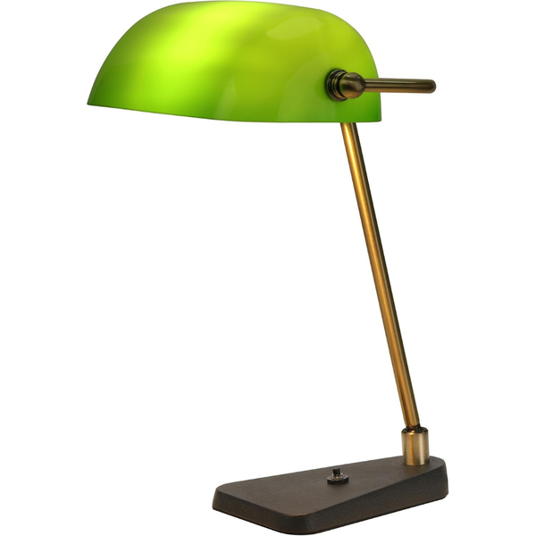 Green Bankers Desk Lamp With Antique Brass Frame & Black Base