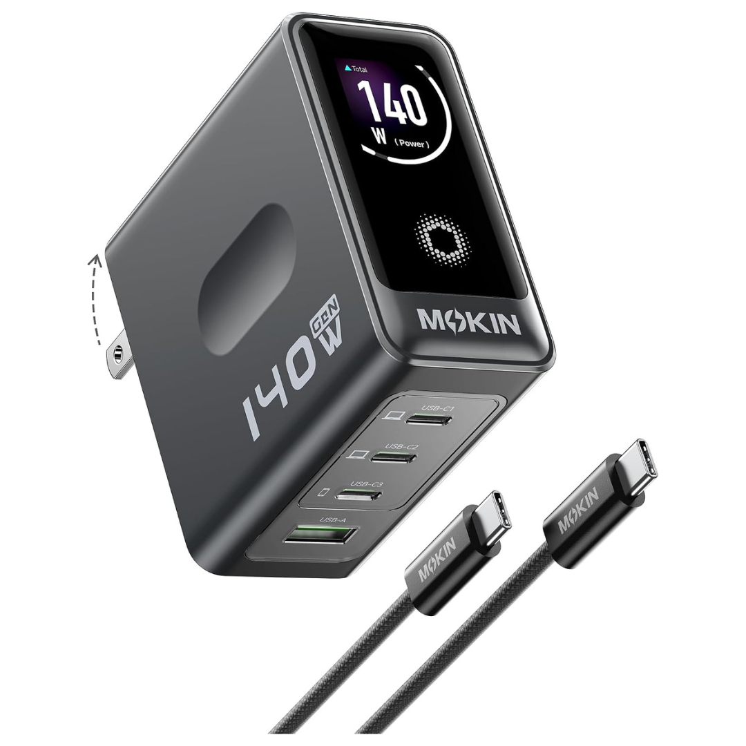 140W 4-Port GaN USB-C Charger Adapter W/ USB-C Cable & Color Display