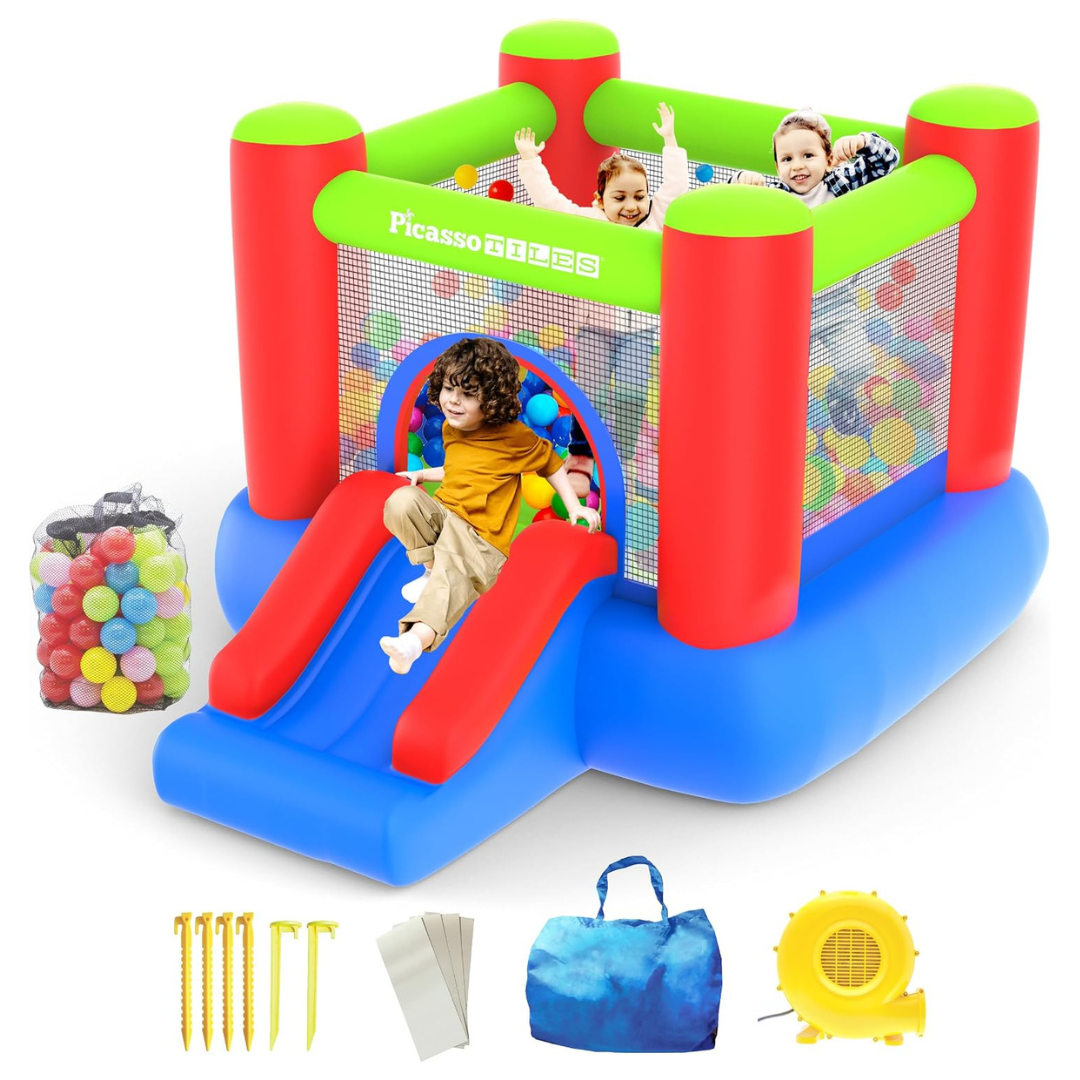 PicassoTiles 8' X 7' Junior Inflatable House Jump & Slide W/ 50 Pit Balls