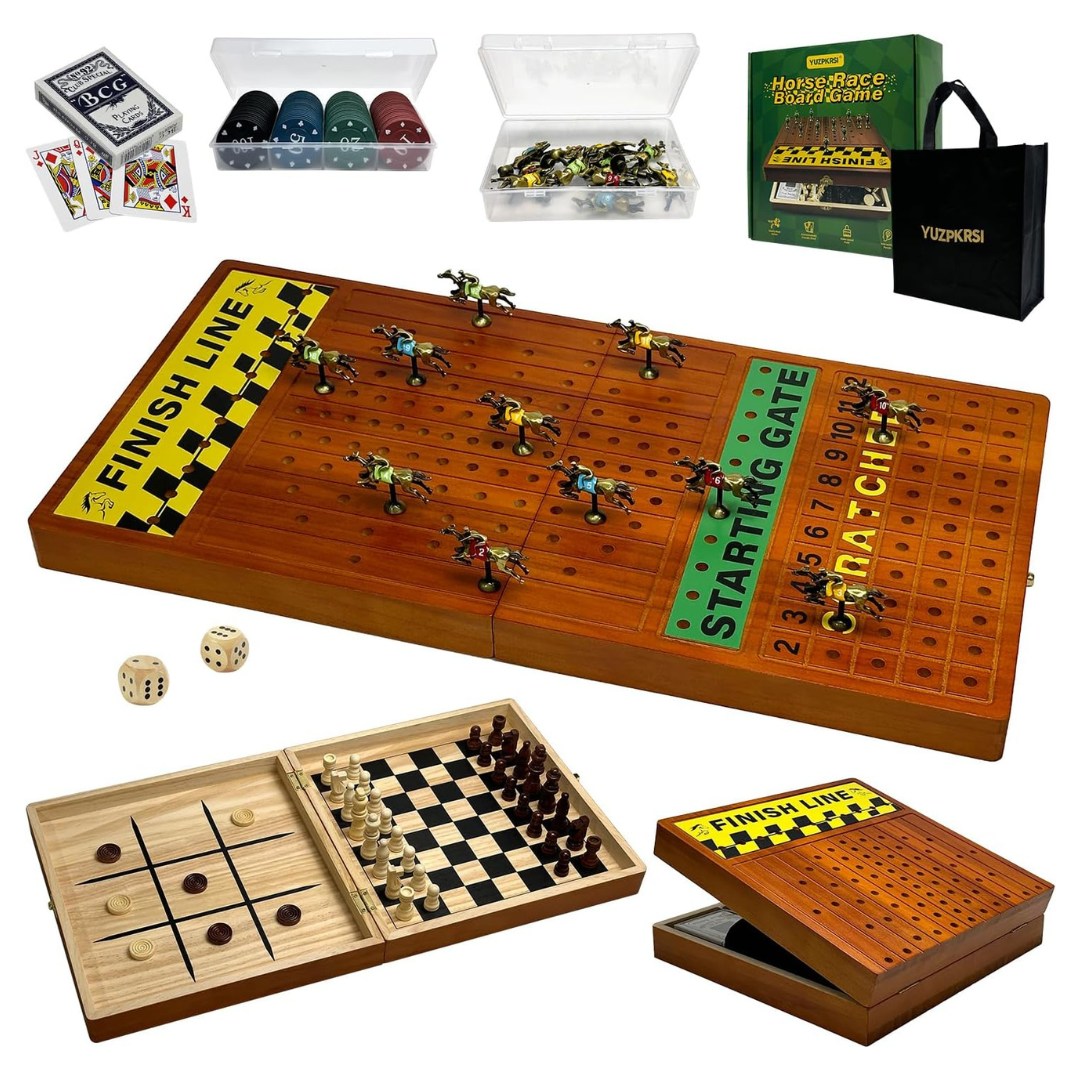 23" YUZPKRSI Foldable Wooden 4-in-1 Horse Racing Board Game