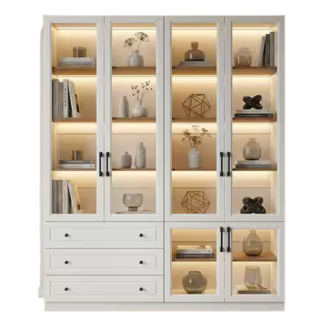 FUFU&GAGA 78.7" Tall White Wood 10-Shelf Accent Bookcase With Lights
