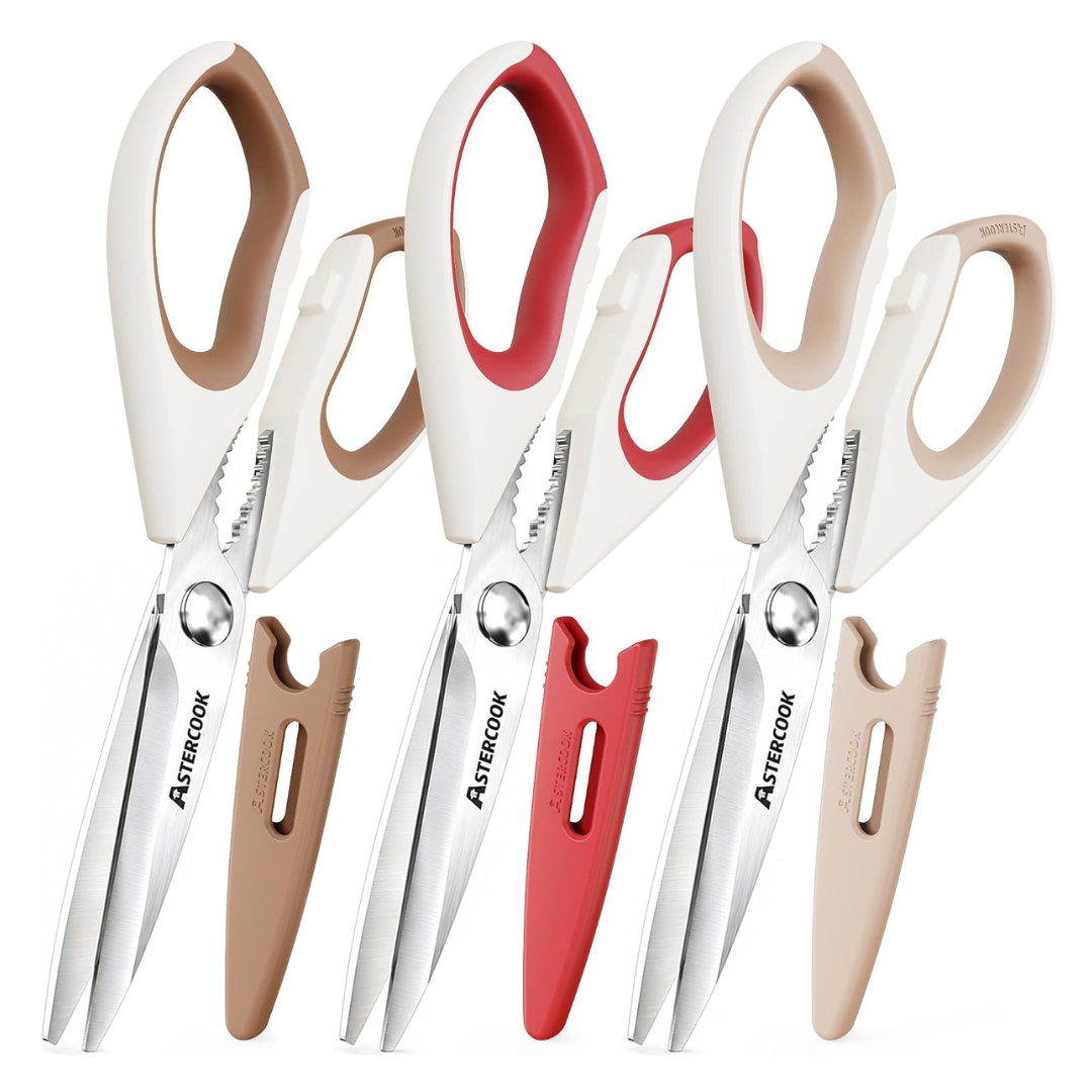 3-Pack Astercook Heavy-Duty Stainless Steel Kitchen Scissors (3 Colors)