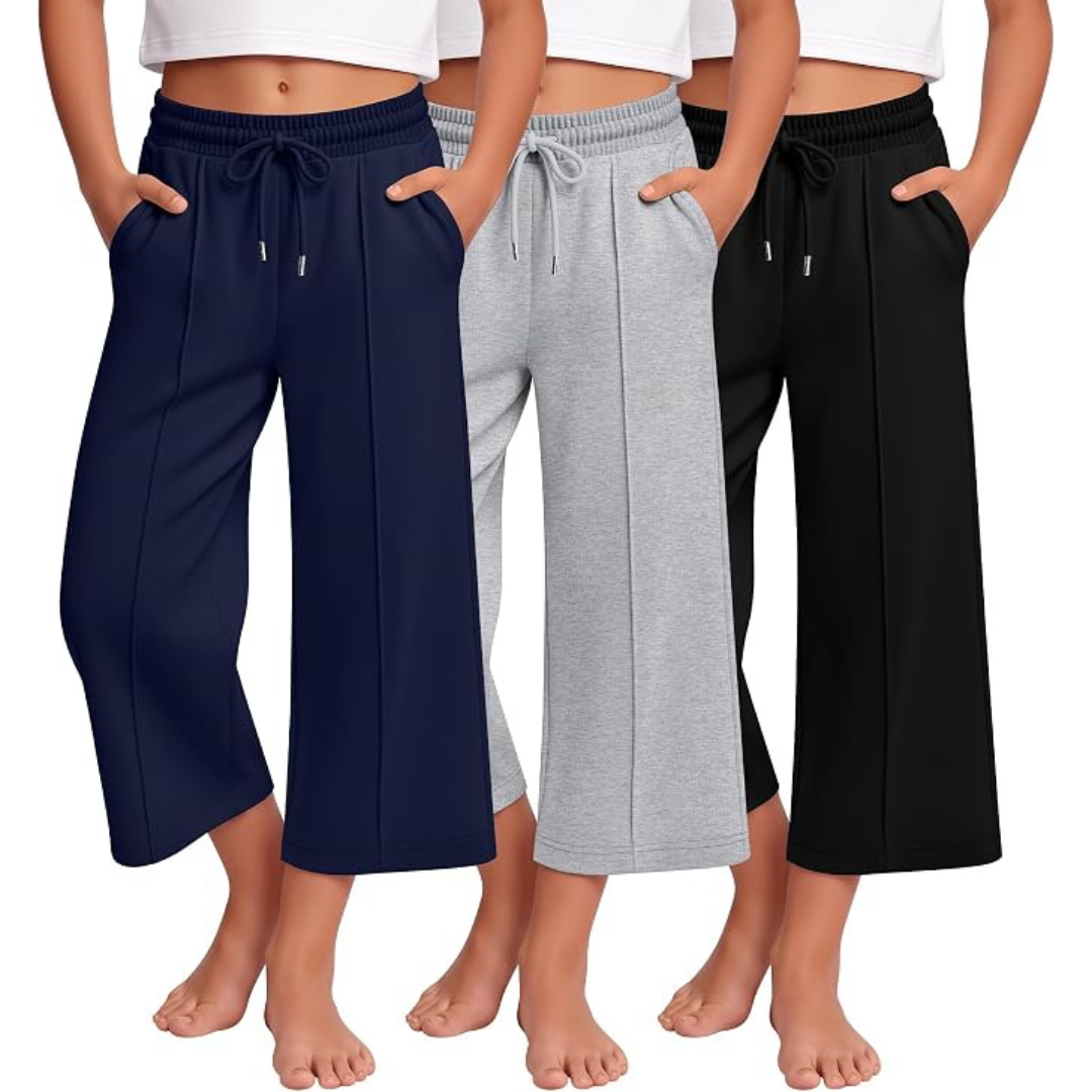 3-Pack Girls Wide Leg Elastic Waist Drawstring Capri Pants With Side Pockets
