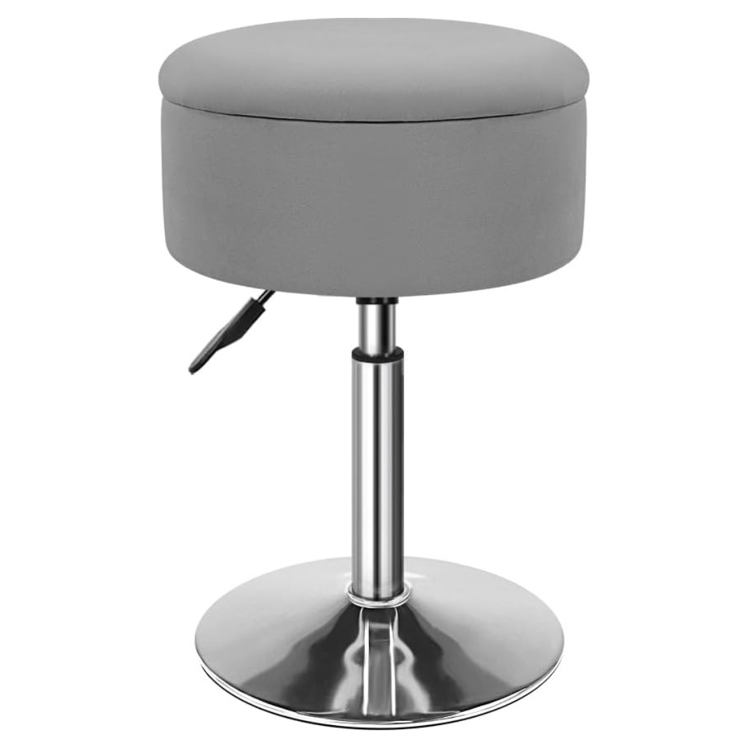 Height Adjustable Velvet Round Vanity Stool With Storage