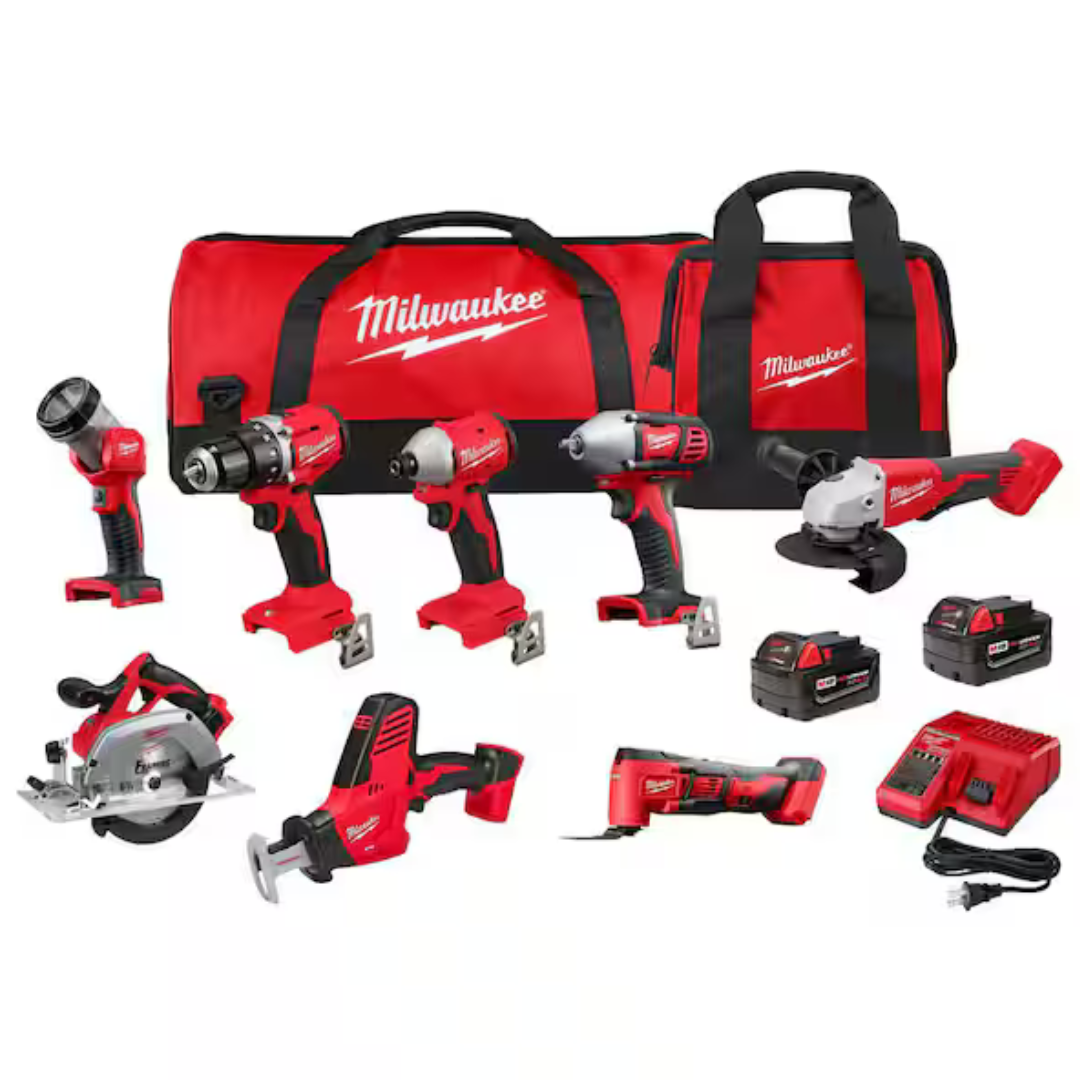 8-Tool Milwaukee M18 18V Li-Ion Cordless Combo Kit W/ 2 Batteries & Charger
