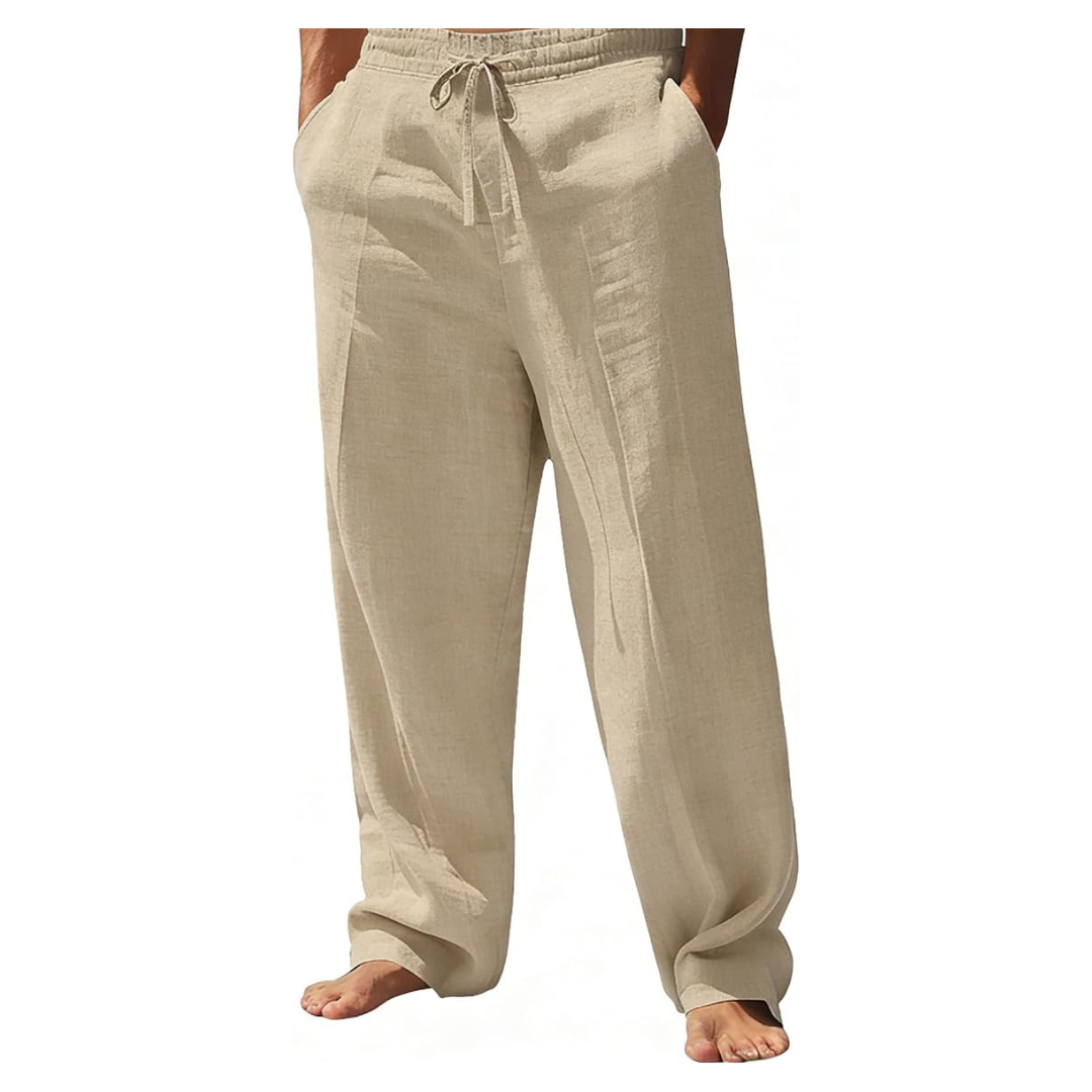 Men's Casual Drawstring Loose Fit Lightweight Linen Pants W/ Pockets