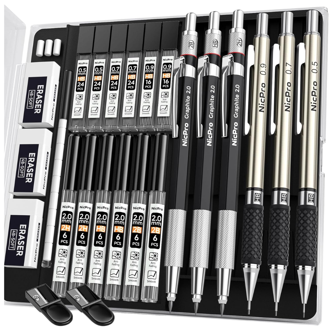 6-Piece Nicpro Art Mechanical Pencil Set W/ 12-Lead Refills Case
