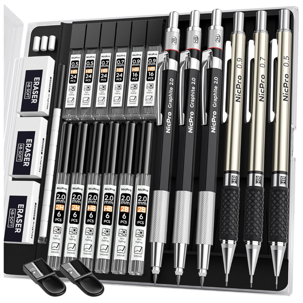 6-Piece Nicpro Art Mechanical Pencil Set W/ 12-Lead Refills Case