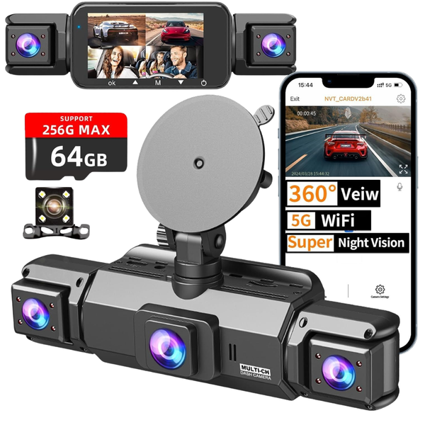 4-Channel 360 Front, Rear & Cabin Car Dash Cameras With 64GB Card