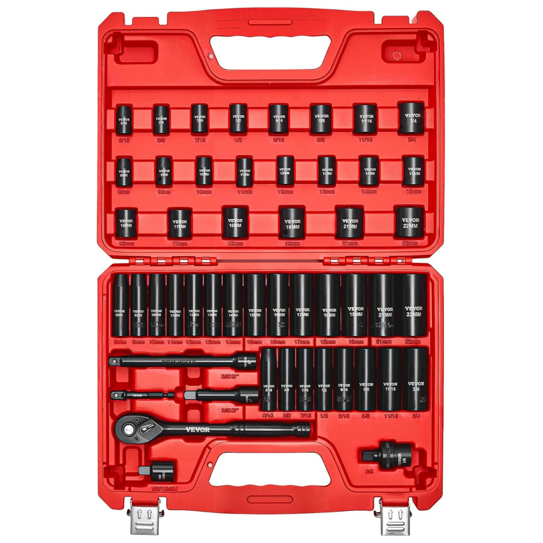 50-Piece Vevor 3/8" Drive 6-Point SAE & Metric Deep & Shallow Impact Socket Set