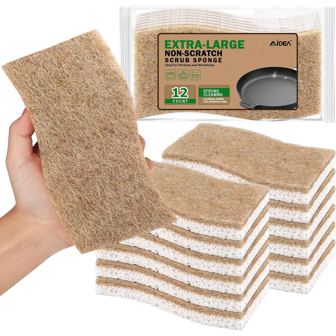 12-Count Aidea XL Non-Scratch Natural Dish Scrub Sponges