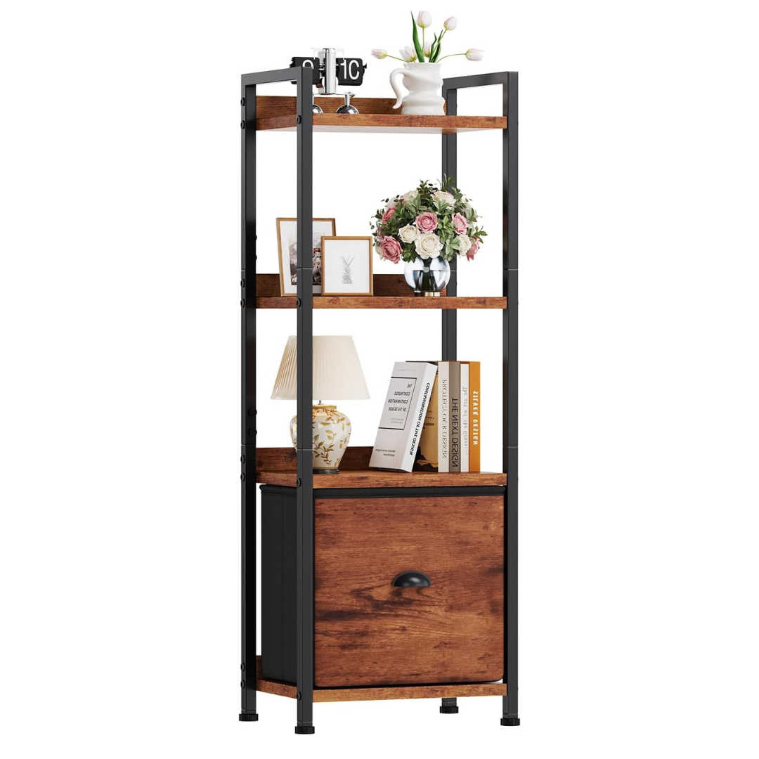 DUMOS 4 Tier Bookshelf W/ Fabric Drawer & Display Standing Shelf