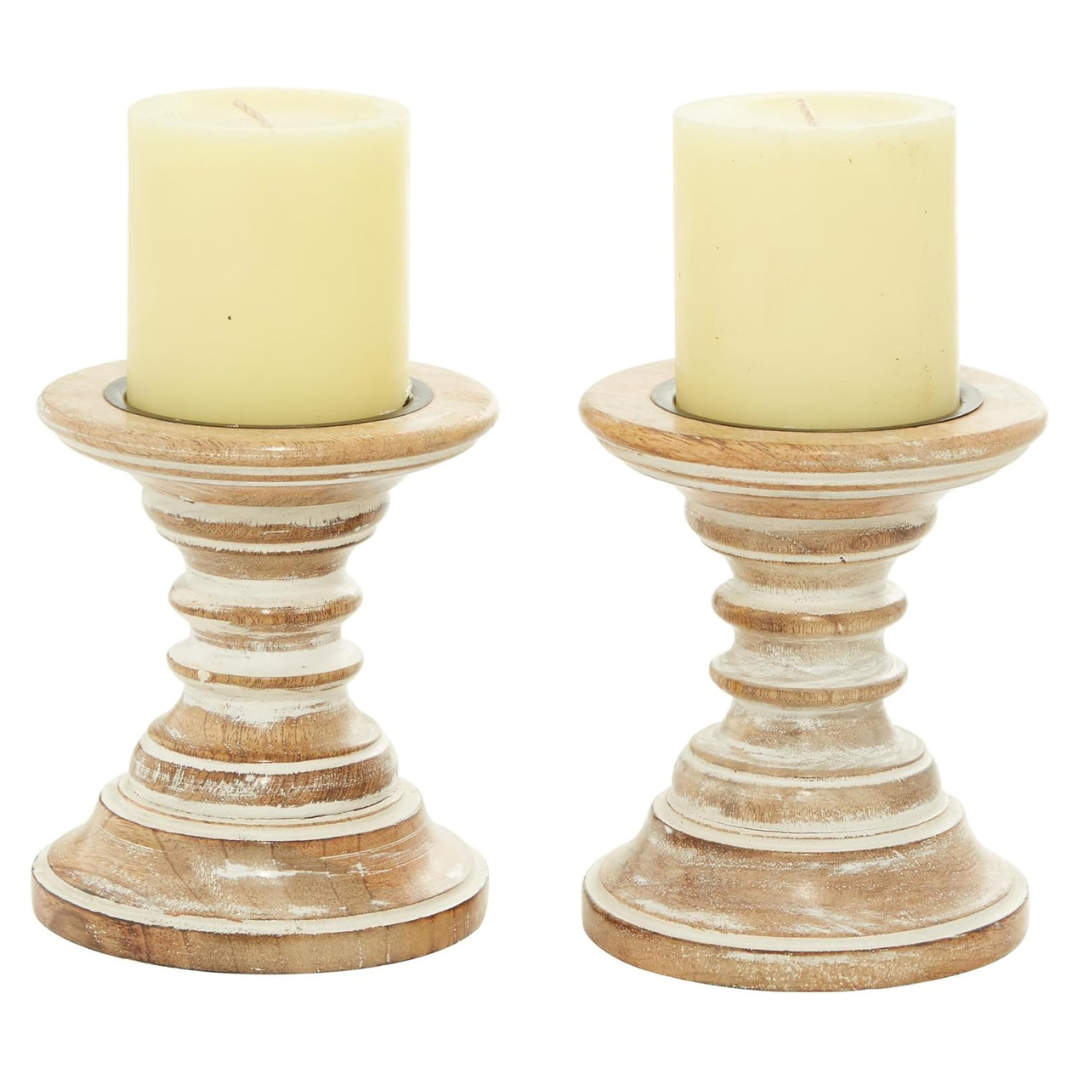 2-Count Deco 79 Mango Solid Wood Candle Holder Set