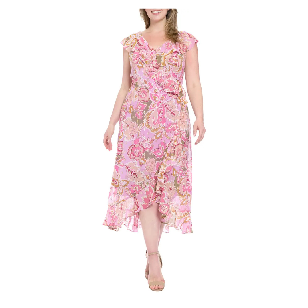 London Times Women's Plus Ruffle Faux Wrap Maxi Dress