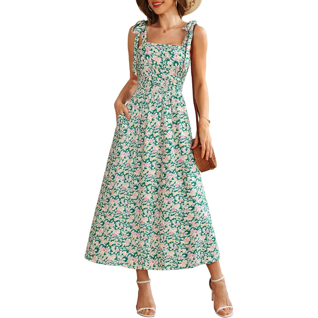 Women's Floral Spaghetti Strap Maxi Dress With Pockets