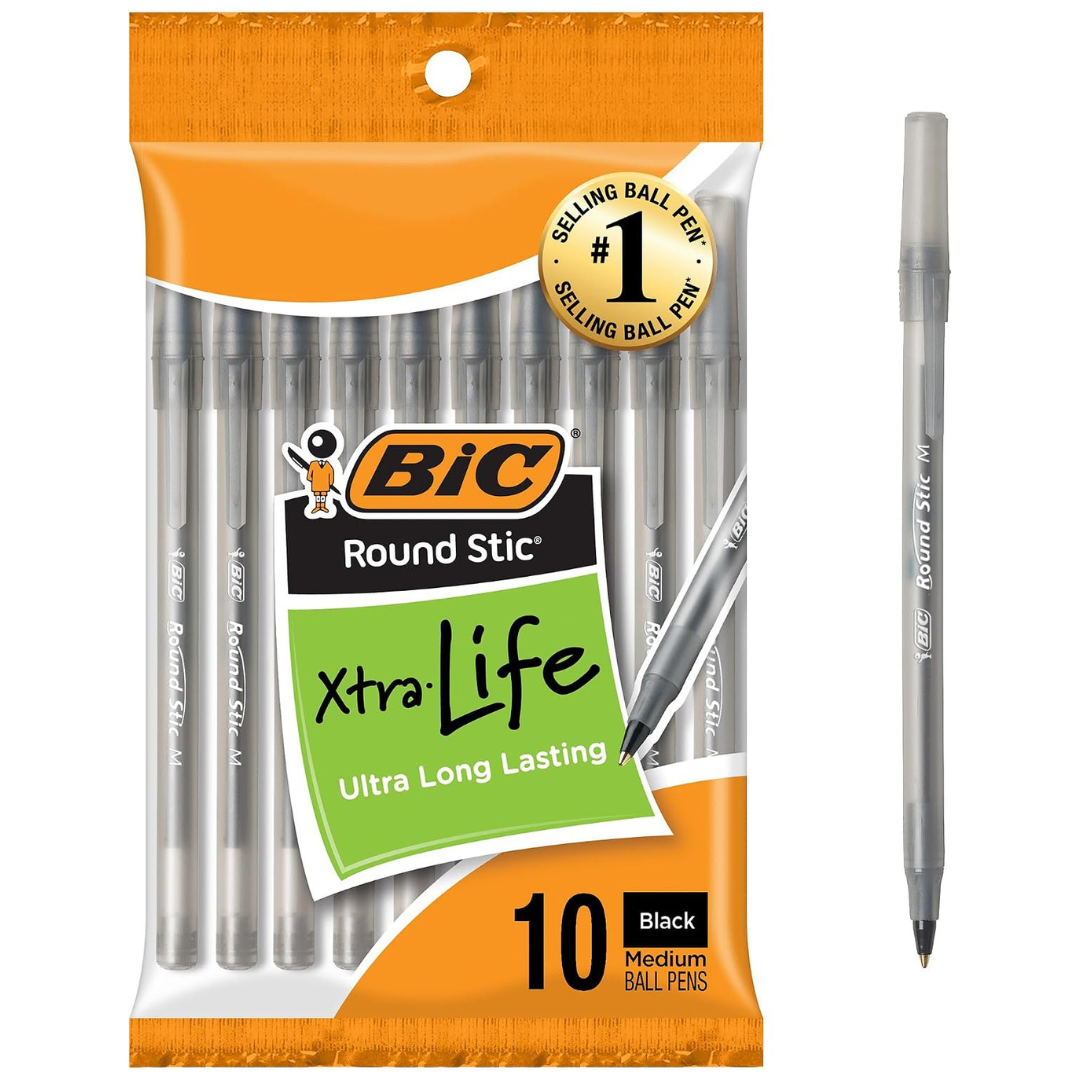 10-Count BIC Round Stic Xtra Life Ballpoint Pen Medium Point (3 Colors)