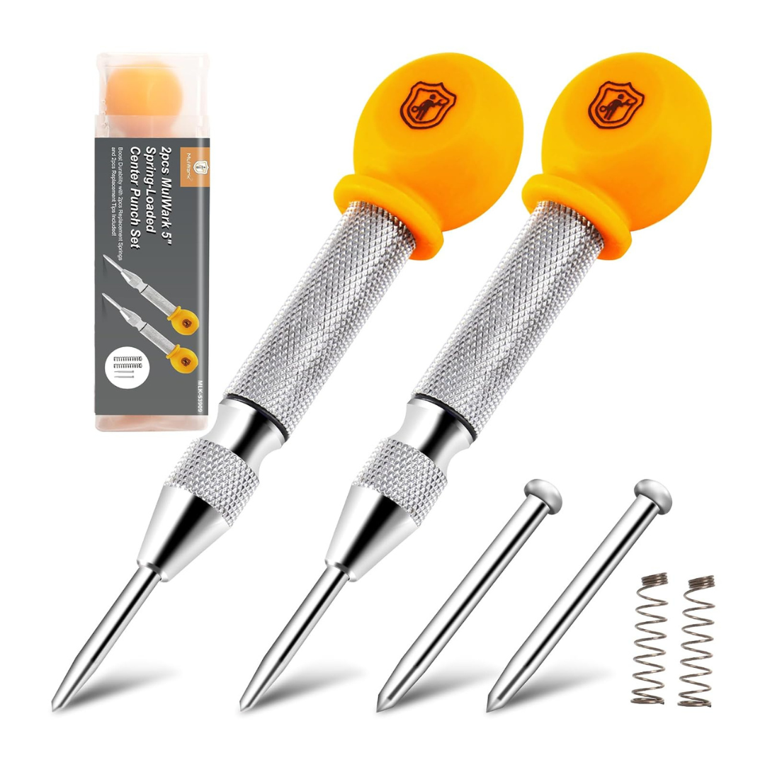 2-Pack 5" Automatic Center Punch Set W/ Replacement Tips, Springs & Case