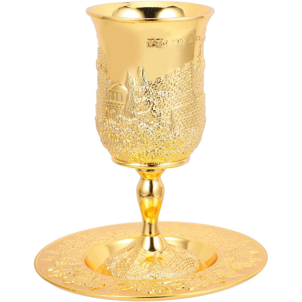 Kiddush Cup With Saucer Judaica Shabbos Wine Cup Set (Golden)